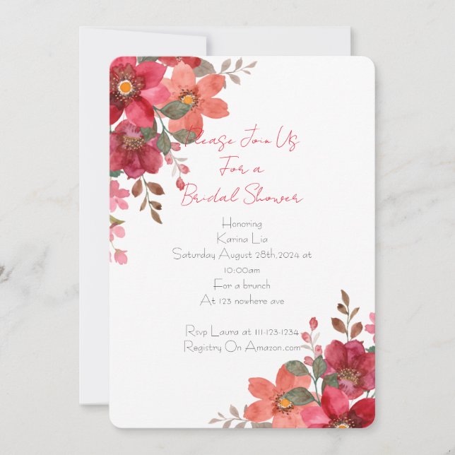 Bridal Shower Invitation pink floral design (Front)