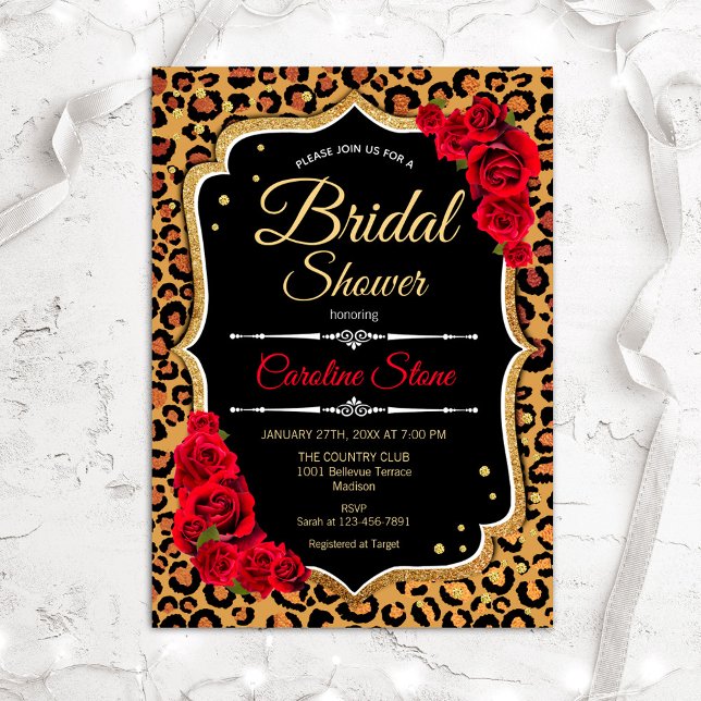 Bridal Shower Invitation Red Roses Leopard Print (Creator Uploaded)