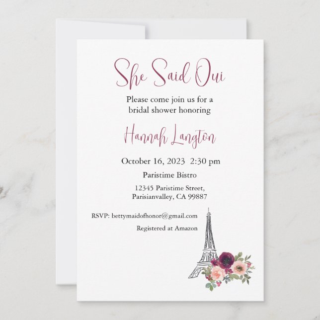 Bridal Shower Invitation, She Said Oui Yes  Invitation (Front)