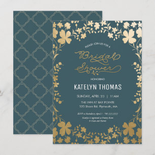 Bridal Shower Invitation, Vintage Teal & Gold Invitation