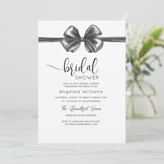  Bridal Shower Invitation with a black bow. (Standing Front)