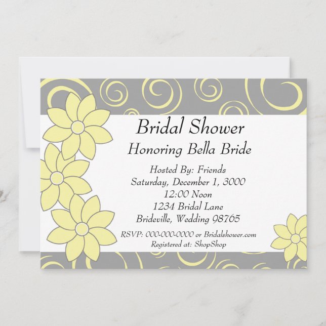 Bridal Shower Invitation yellow and grey floral (Front)