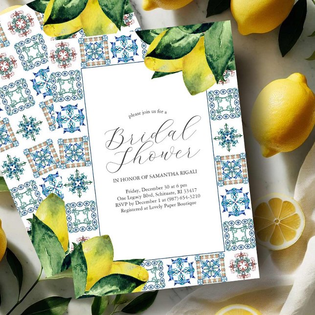 Bridal Shower Invitations Elegant Amalfi Tile (Amalfi coast bridal shower theme invitations with blue & yellow watercolor Victoria Grigaliunas)