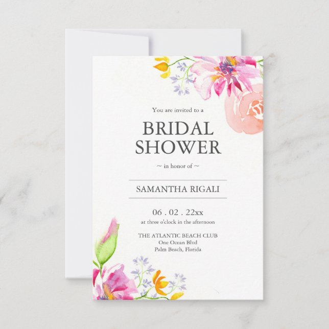 Bridal Shower Invitations Pink Floral with QR Code (Front)