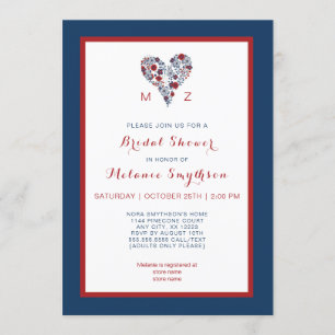 Bridal Shower Invite, red navy floral heart 3986 Invitation