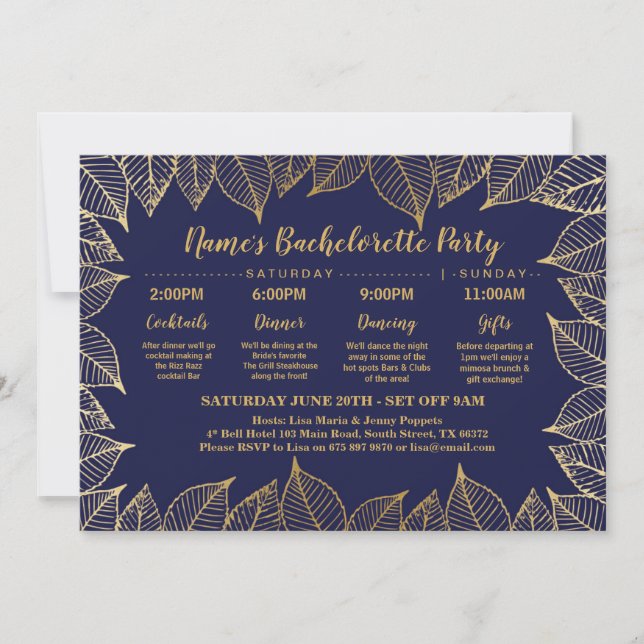 Bridal Shower Itinerary Navy Gold Leaves Elegant Invitation (Front)