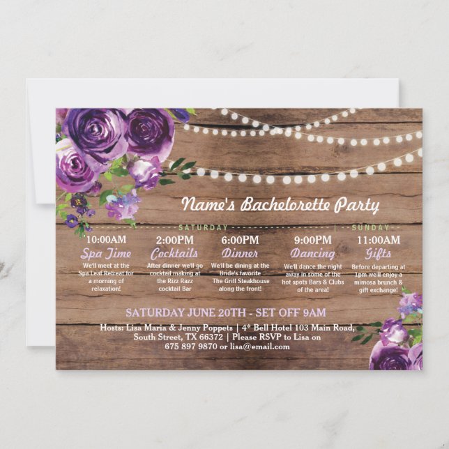 Bridal Shower Itinerary Purple Flower Lights Invitation (Front)