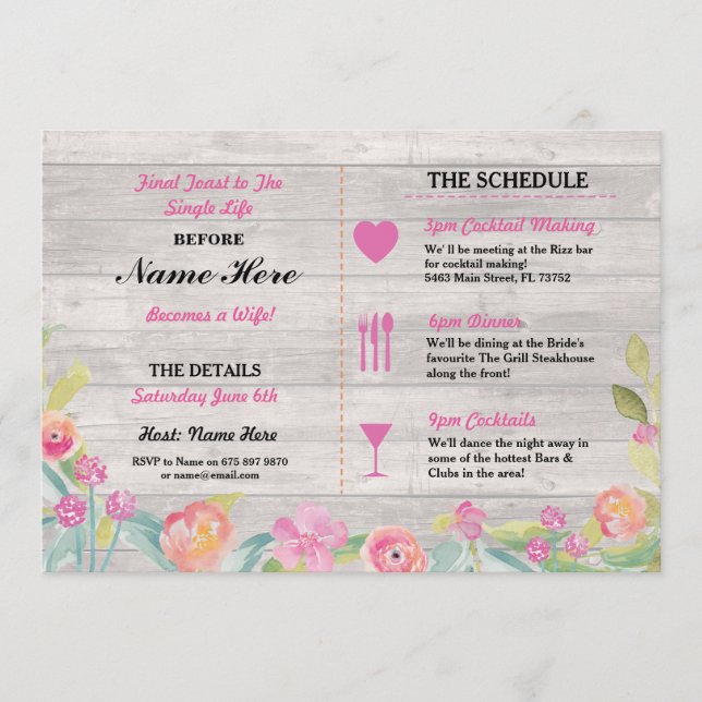 Bridal Shower Itinerary Rustic Dinner Bachelorette Program (Front)