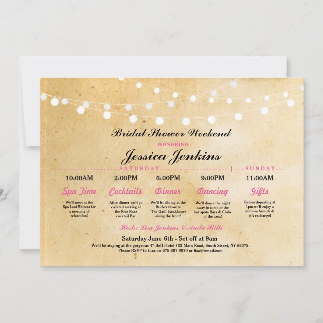 Bridal Shower Itinerary Rustic Pink Bachelorette Invitation (Front)
