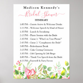 Bridal Shower Itinerary 🎀 Watercolor Floral Plan Poster