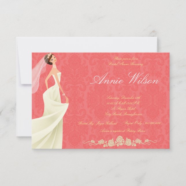 Bridal shower ivory dress damask invitation cards (Front)