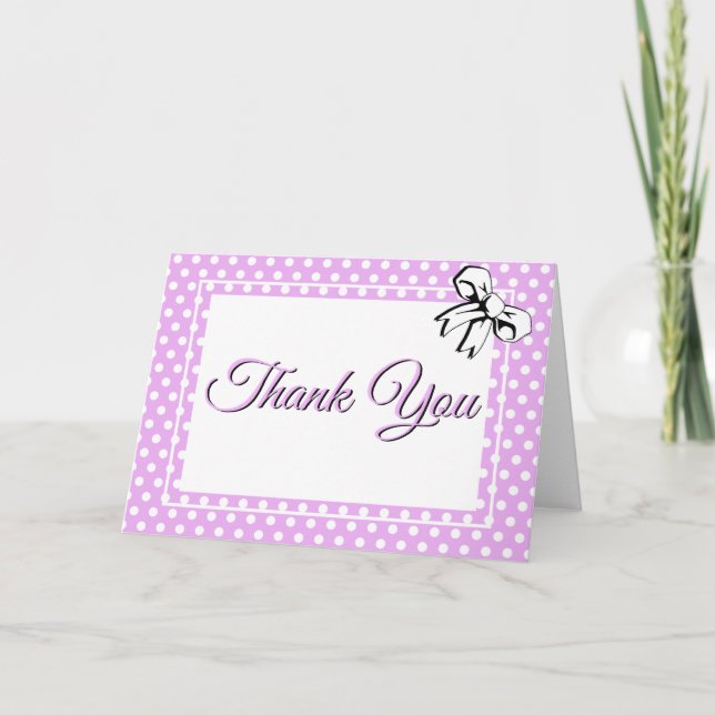 Bridal Shower Lavender and White Polka Dots & Bows Thank You Card (Front)