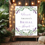 Bridal Shower lavender eucalyptus greenery welcome Poster<br><div class="desc">For a Bridal Shower. A chic white background. Decorated with lavender florals,  flowers and eucalyptus greenery.  Violet and black letters.</div>
