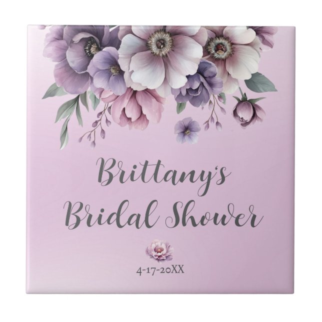 Bridal Shower Lavender Watercolor Floral Ceramic Tile (Front)