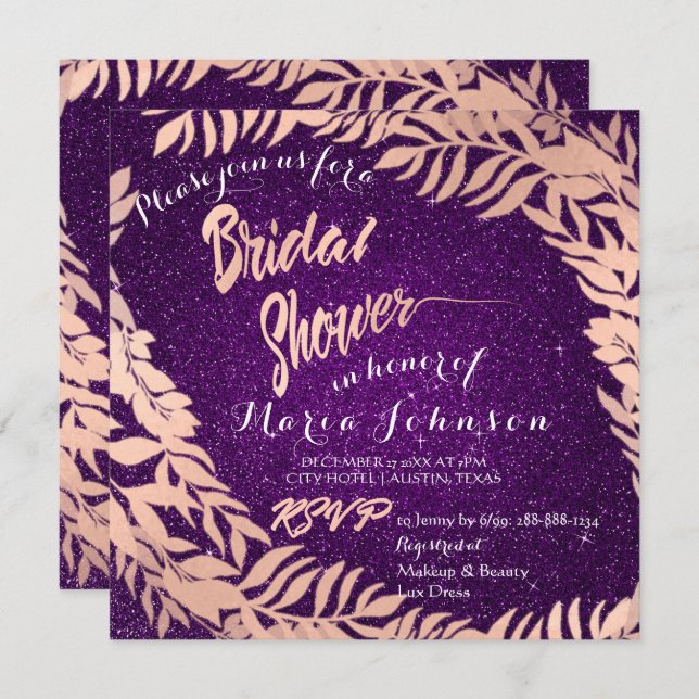 Bridal Shower Leafs Glitter Rose Gold Violet Purpl Invitation (Front/Back)