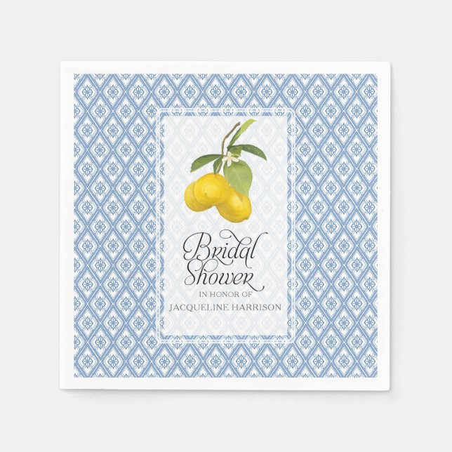 Bridal Shower Lemon Citrus Blue White Pattern Art Napkin (Front)