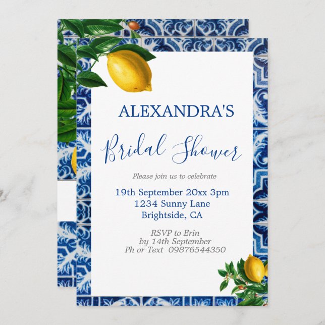 Bridal Shower Lemons Blue White Tuscan Tile Invitation (Front/Back)