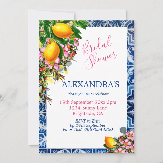 Bridal Shower Lemons Floral Blue White Tile Invitation (Front)