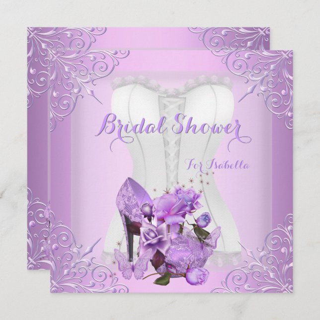 Bridal Shower Lilac Rose Hi Heel Lace Butterfly 2 Invitation (Front/Back)