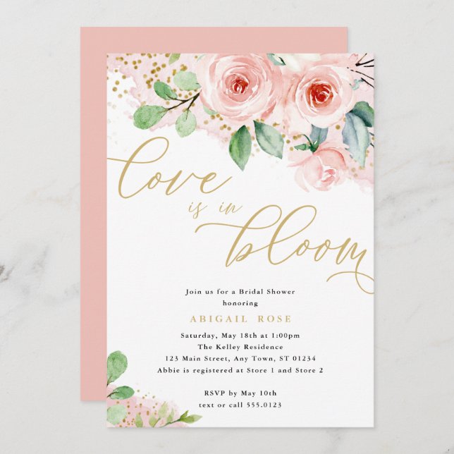  Bridal Shower Love in Bloom, Pink Gold Flowers Invitation (Front/Back)