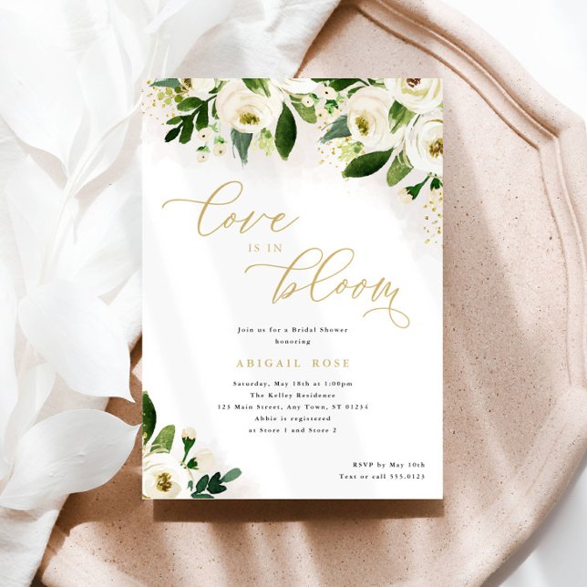  Bridal Shower Love in Bloom White Gold Floral Invitation (Creator Uploaded)