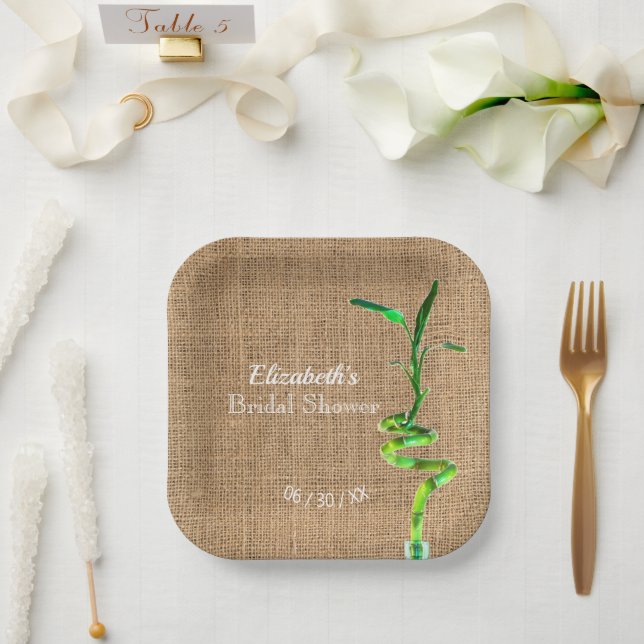 Bridal Shower Lucky Bamboo On Rustic Faux Burlap  Paper Plate (Wedding)