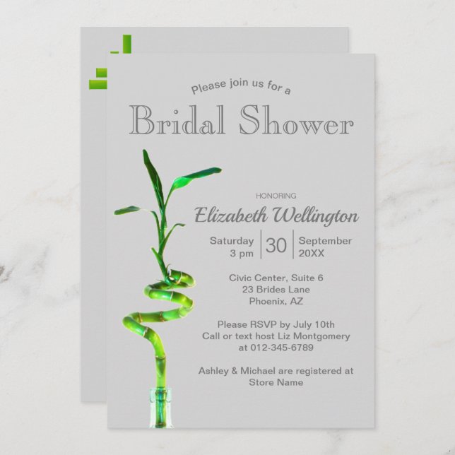 Bridal Shower Lucky Bamboo Over Silver Grey Invitation (Front/Back)