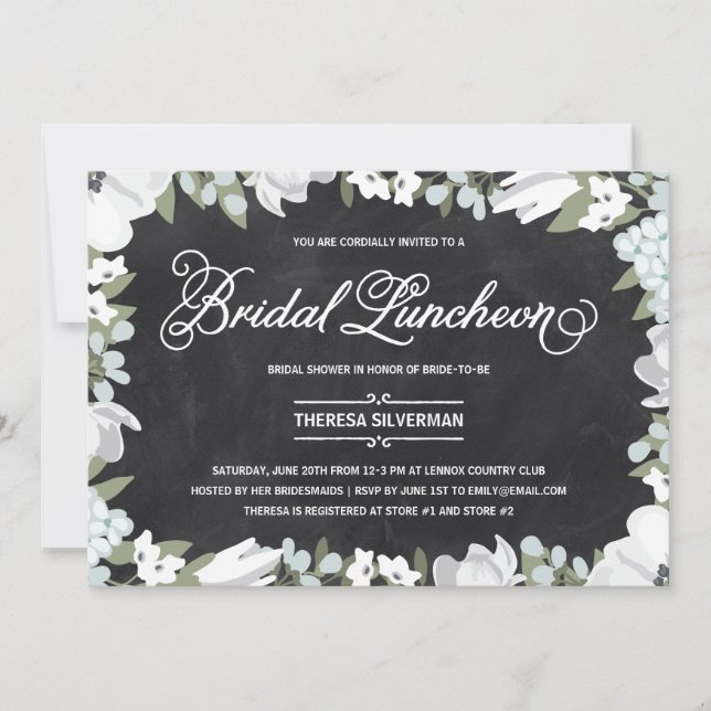 Bridal Shower Lunch Black & White Elegant Floral Invitation (Front)