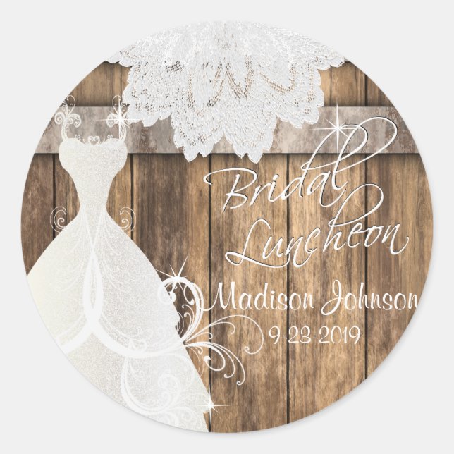 Bridal Shower Luncheon - Rustic Wood and Lace Classic Round Sticker (Front)