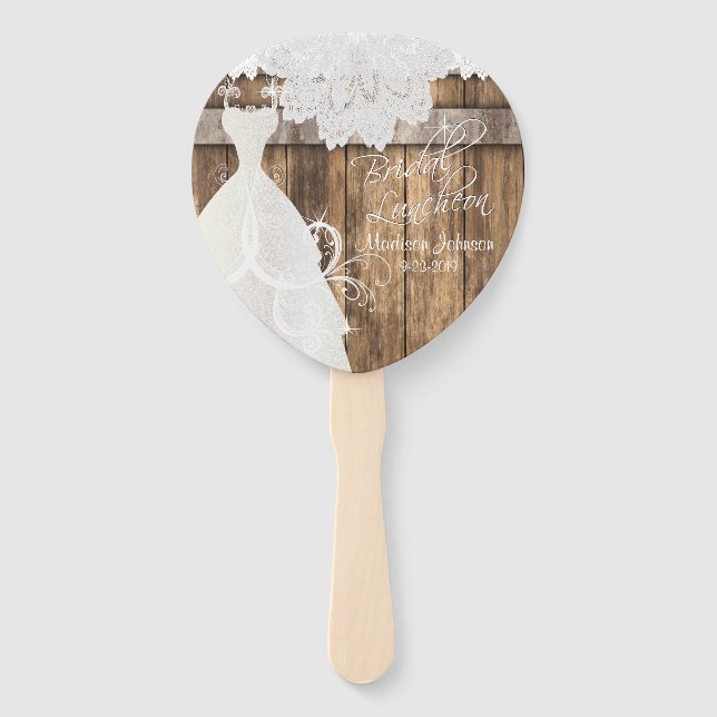 Bridal Shower Luncheon Rustic Wood and Lace Design Hand Fan (Front)
