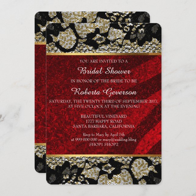 Bridal Shower Luxury Gold Red Black Lace Sparkly Invitation (Front/Back)