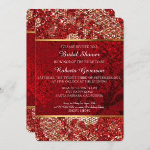 Bridal Shower Luxury Gold Red Lace Sparkly Invitation