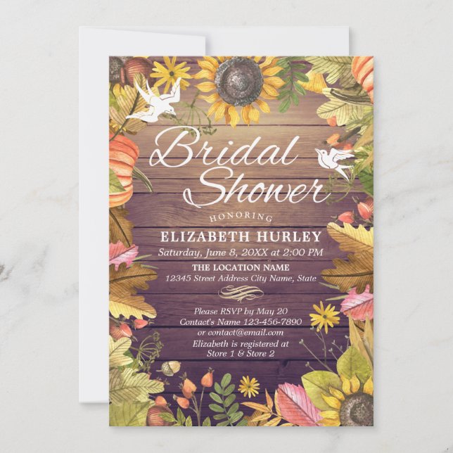 Bridal Shower Maple Leaves Pumpkins Sunflower Wood Invitation (Front)