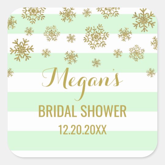 Bridal Shower Mint Stripes Gold Snow Winter Square Sticker