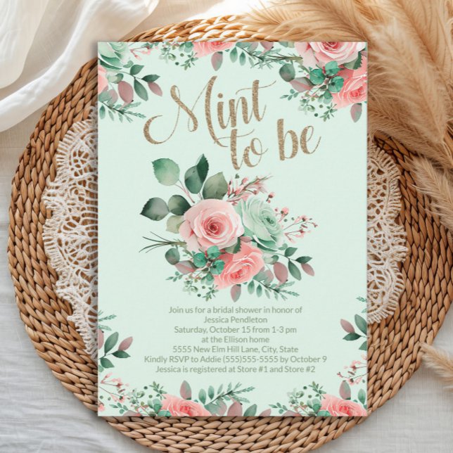 Bridal Shower Mint to Be Pink Roses Greenery Invitation (Elegant Mint to Be Bridal Shower invitation)