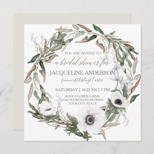 Bridal Shower Modern Anemone Olive Leaf Wreath Art Invitation (Front/Back)