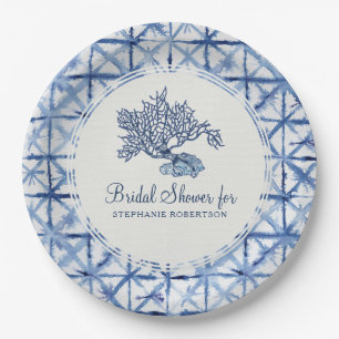 Bridal Shower Modern Beach Coral Indigo Shibori Paper Plate