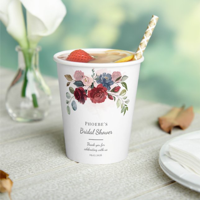  Bridal Shower Modern Burgundy Blush Floral Paper Cups (Insitu)