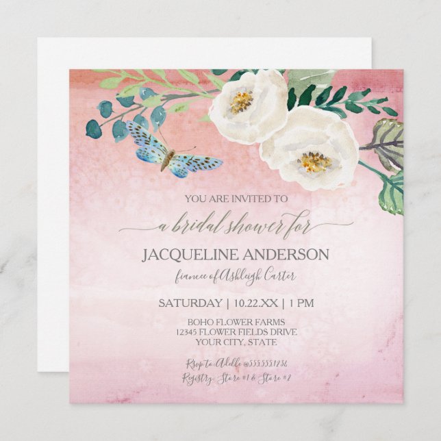 Bridal Shower Modern Butterfly Roses Pink Wreath Invitation (Front/Back)