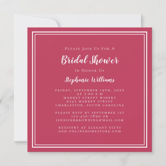 Bridal Shower Modern Elegant Magenta Red Square Invitation (Front)