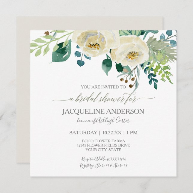 Bridal Shower Modern Ivory Roses Foliage Wreath Invitation (Front/Back)