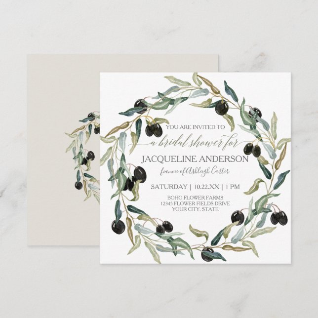 Bridal Shower Modern Olive Branch Leaf Wreath Invitation (Front/Back)