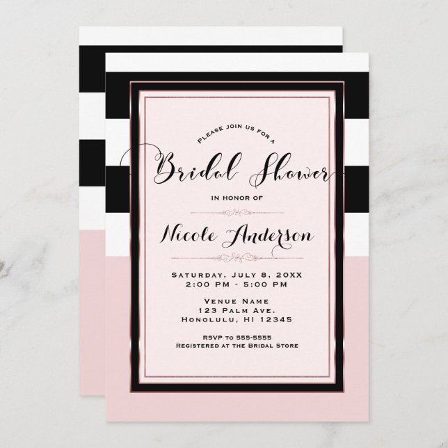 Bridal Shower Modern Pink Black & White Stripes Invitation (Front/Back)