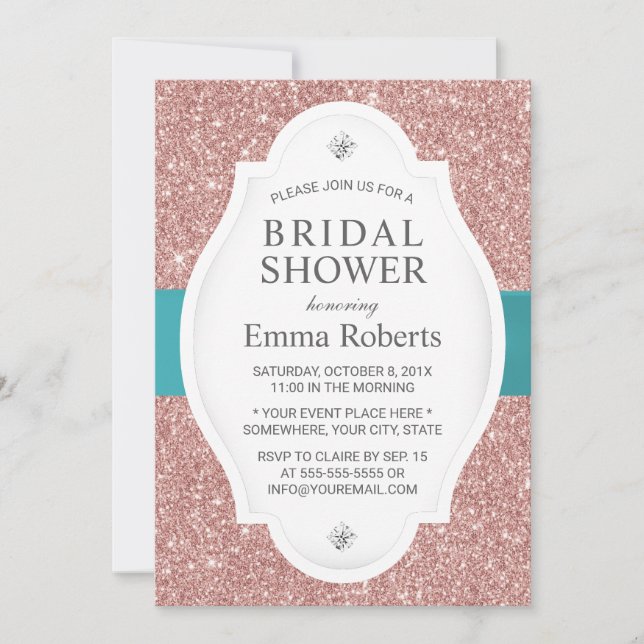 Bridal Shower Modern Rose Gold Glitter Teal Ribbon Invitation (Front)