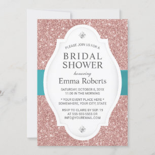 Bridal Shower Modern Rose Gold Glitter Teal Ribbon Invitation