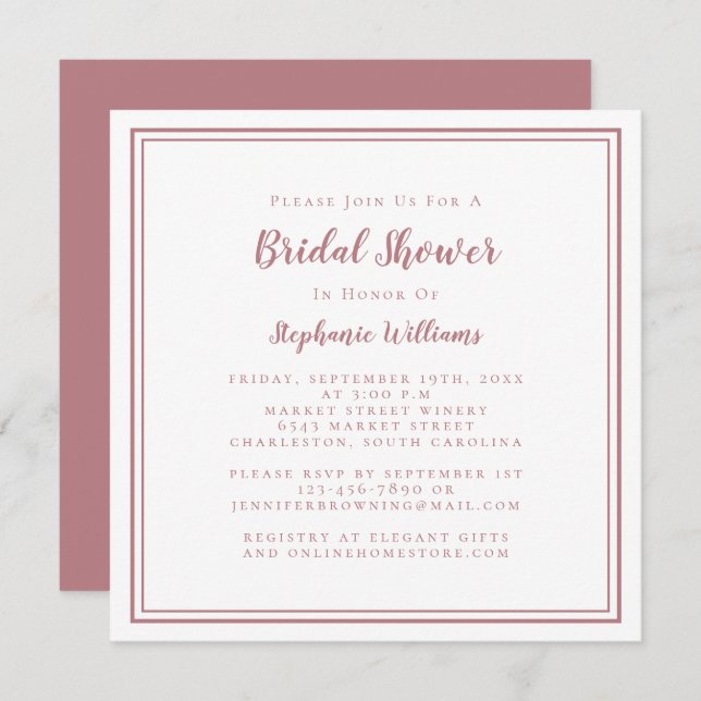 Bridal Shower Modern Square Elegant Dusty Rose Invitation (Front/Back)
