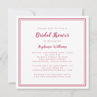 Bridal Shower Modern Square Elegant Magenta Red Invitation