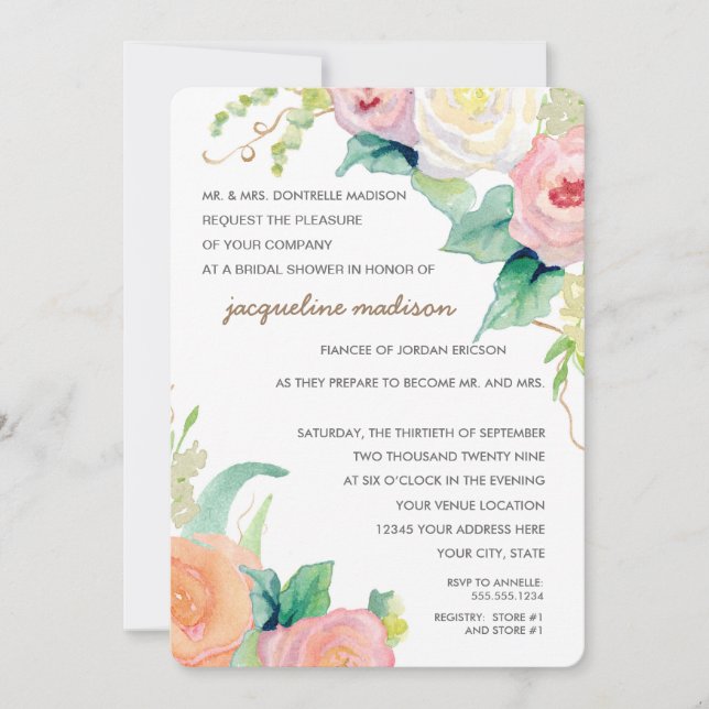 Bridal Shower Modern Watercolor Floral Roses Invitation (Front)