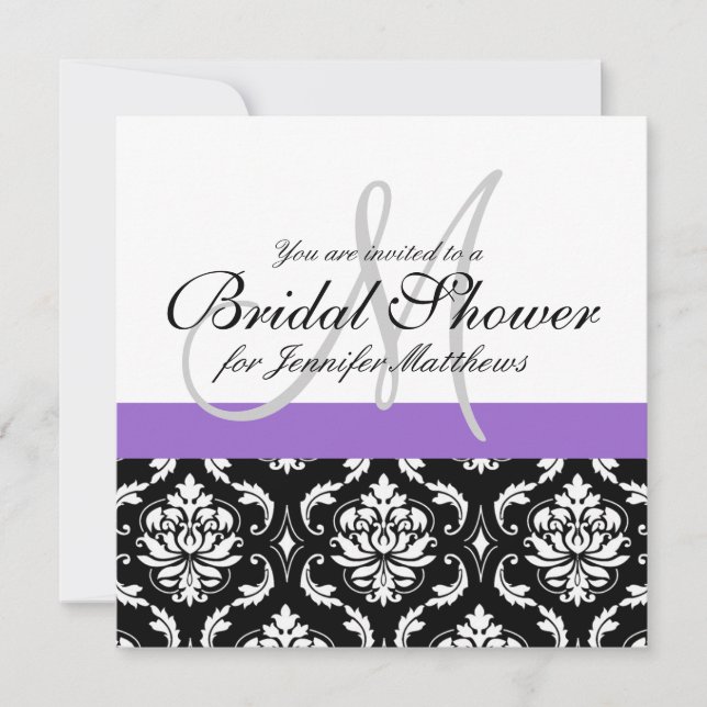 Bridal Shower Monogram Damask Invitation Purple (Front)