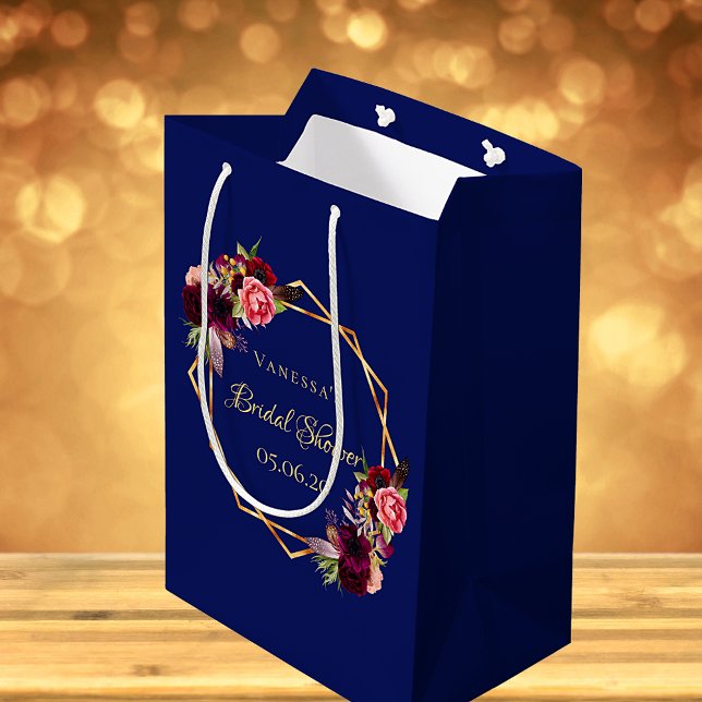 Bridal Shower navy blue florals burgundy Medium Gift Bag (Creator Uploaded)